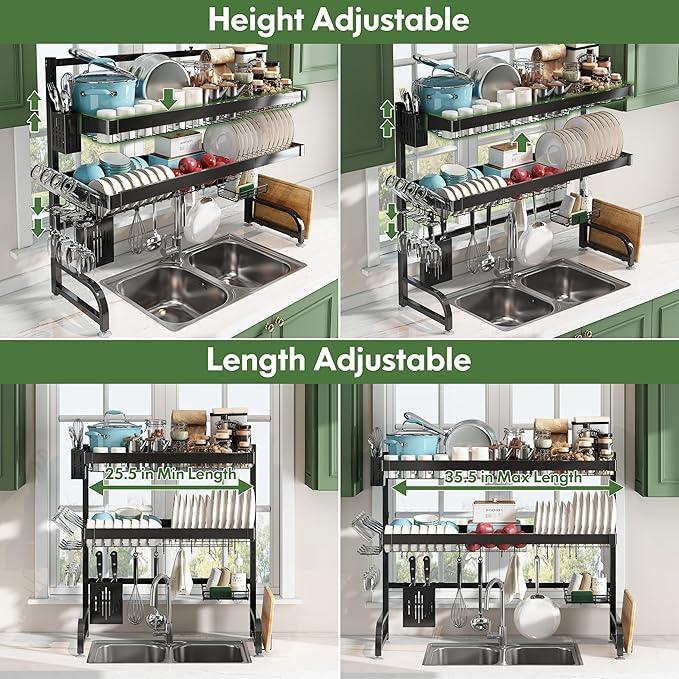 3 Tier Extra Large Stainless Steel Expandable Over The Sink Dish Drainer Drying Rack, Rust Proof Metal, Space Saving, Modern Black Big Capacity Extendable Plate Strainers Above Kitchen Counter