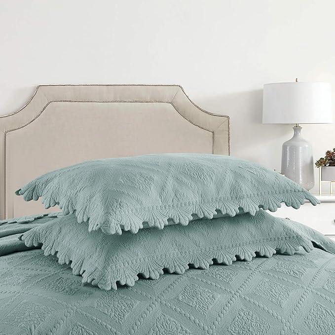 MarCielo 3-Piece 100% Cotton Oversized Bedspread Lightweight Quilt Coverlet Embroidery Farmhouse Bedding Set (Tk Aqua Green, Oversized Queen (100