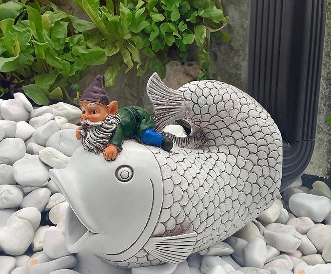 Gnome Fish Sculpture, Garden Animal Statue & Outdoor Decor, Eco-Friendly Resin Gutter Diverter Rain, Decorative Gutter Extension Downspout, Splash Block, Perfect for 3