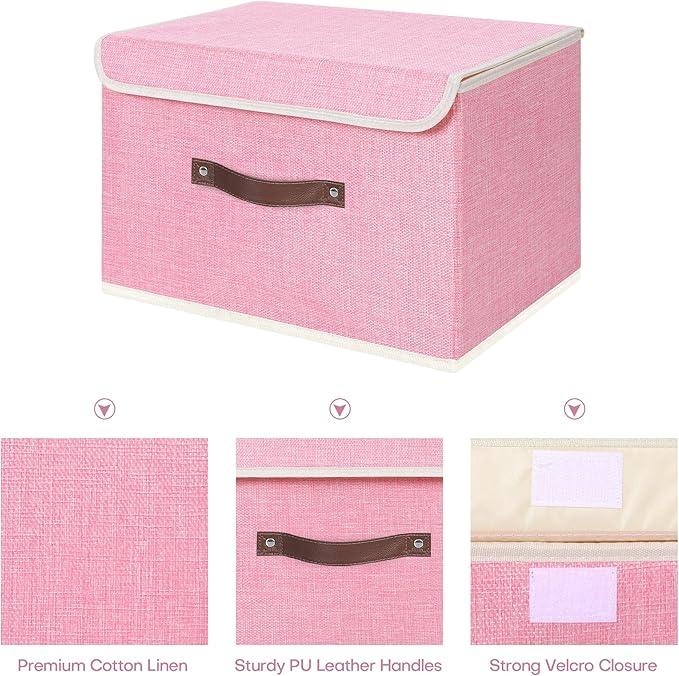 ANMINY 4PCS Storage Bins with Lid PU Leather Handles Storage Boxes PP Plastic Board Decorative Foldable Lidded Cotton Linen Fabric Home Cubes Baskets Closet Organizer Containers - Pink, Large Size