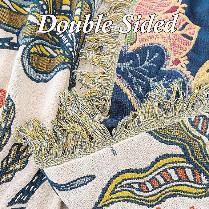 Snycler Boho Throw Blanket for Bed, 100% Organic Cotton Muslin Soft Throw-Floral Farmhouse Rustic Spring Summer Fall Decor Blanket for Couch Sofa Quilt and Gift, 60
