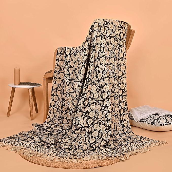 Handmade Cotton Throw Blanket 55x80 Inches | Black & Beige Floral Block Print Decorative Sofa Throw with Tassels | Large Lightweight Cotton Bedspread for Living Room, Couch, or Bedroom