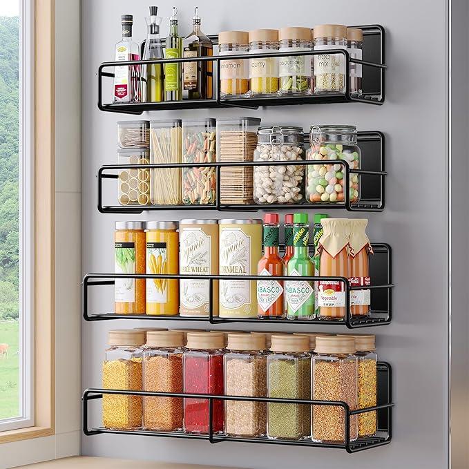 4 Pack Magnetic Spice Rack for Refrigerator, Magnetic Shelf Fridge Organizer for Kitchen Storage, Black