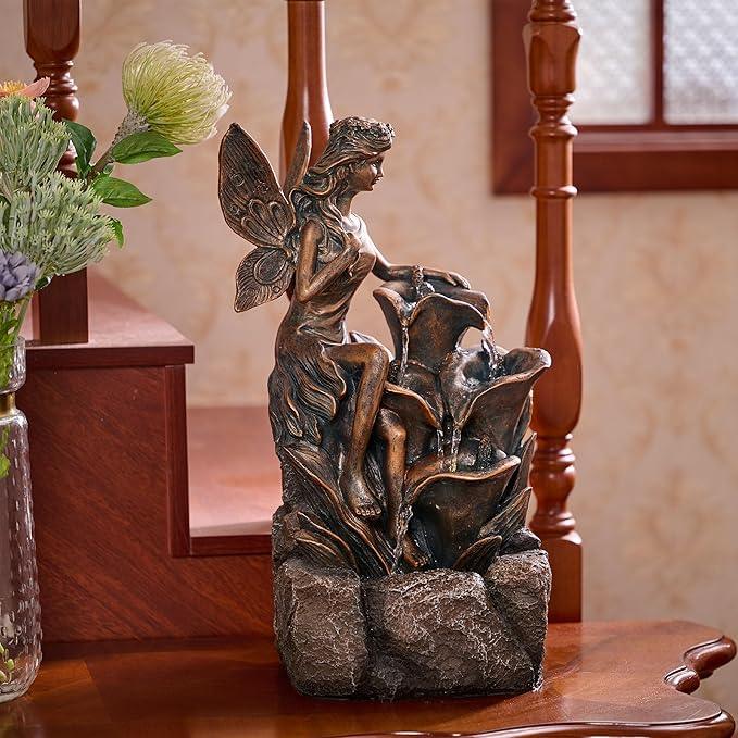 TERESA'S COLLECTIONS Water Fountain Outdoor Fairy Garden Statues with LED Lights and Pump, Large Floor Waterfall Backyard Water Fountains Porch Living Room Home Decor, Housewarming Gifts for Mom 19.3