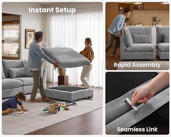 Oversized Modular Sofa, Extra Deep Cloud Chenille Sectional Couch with Ottoman Chaise, Fluffy Chenille 4 Seater Sofa for Living Room, Villa (Basic 4 Seater, Chenille Grey)