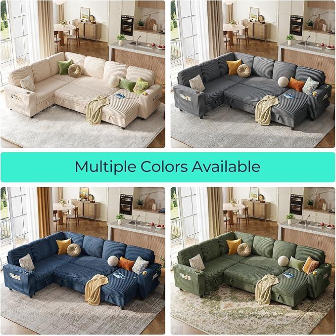 LINSY HOME Sectional Sleeper Sofa with Pull Out Couch Bed - Convertible Plush Corduroy Cloud Couch with Storage Chaise & USB Charging, Comfy Modular Couches for Living Room, Beige