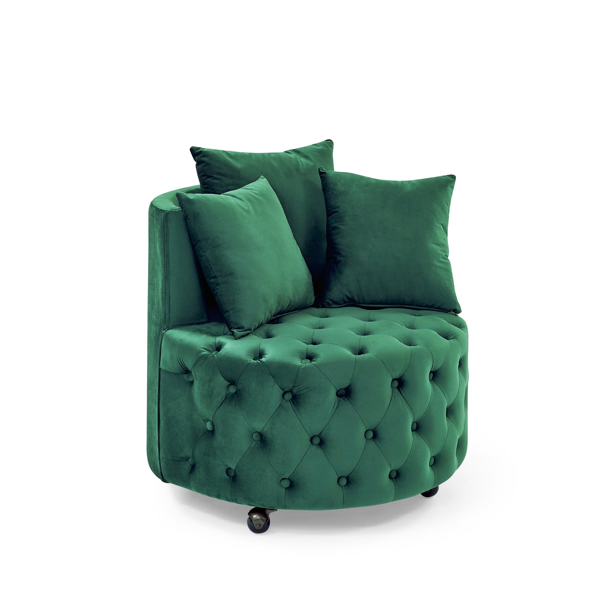 Velvet Upholstered Swivel Chair for Living Room, with Button Tufted Design and Movable Wheels, Including 3 Pillows, Green