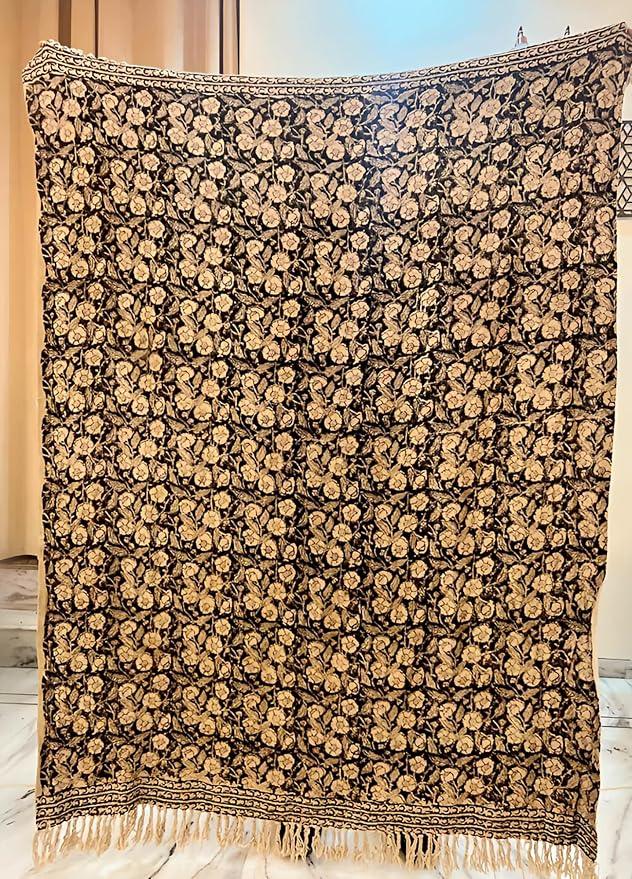 Handmade Cotton Throw Blanket 55x80 Inches | Black & Beige Floral Block Print Decorative Sofa Throw with Tassels | Large Lightweight Cotton Bedspread for Living Room, Couch, or Bedroom