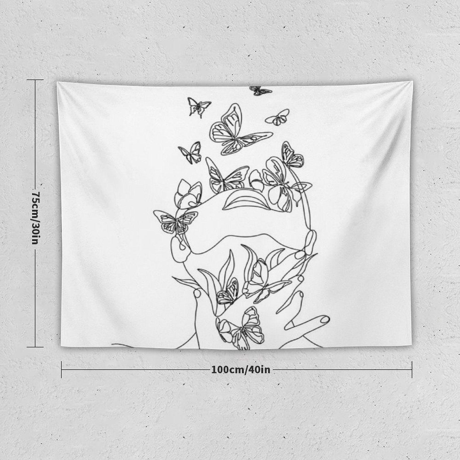 Abstract Face with Butterfly by One Line Drawing. Portrait Minimalistic Style.  Botanical Print. Nature Symbol of Cosmetics. Mod Tapestry