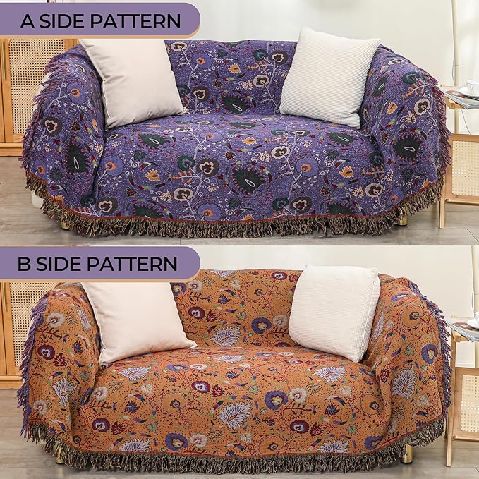 Boho Throw Blanket for Bed,100% Ultra Cotton Soft Breathable Bed Throw Floral Printed Farmhouse Decor Rustic Bed Throws for Couch Sofa Quilt Purple Flowers 60