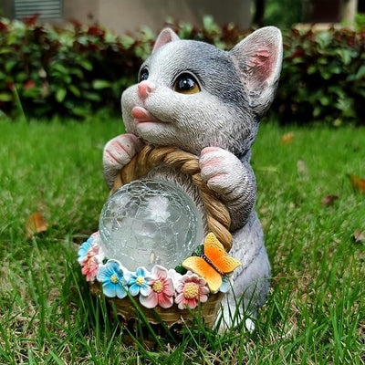 Solar Cat Garden Outdoor Statues,Resin Cat Figurine Carrying Flower Basket and Magic Orb with Solar LED Lights, Lawn Decor Outdoor Statue for Patio, Balcony, Yard Ornament,Gifts for Mom