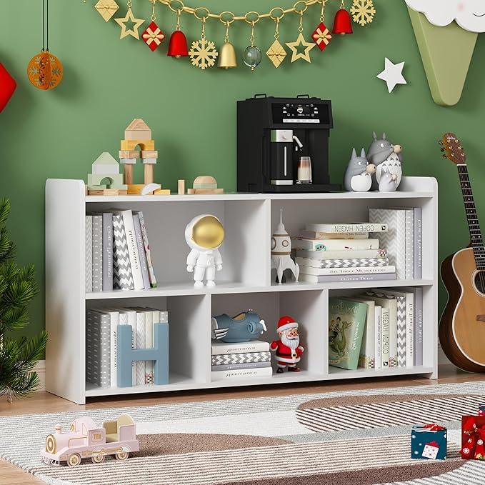 Book Shelf, 5 Cubes Storage Organizer, Open Shelf Wooden Bookcase, Freestanding White Bookshelf Cube Shelf for Bedroom, Living Room, Home Office