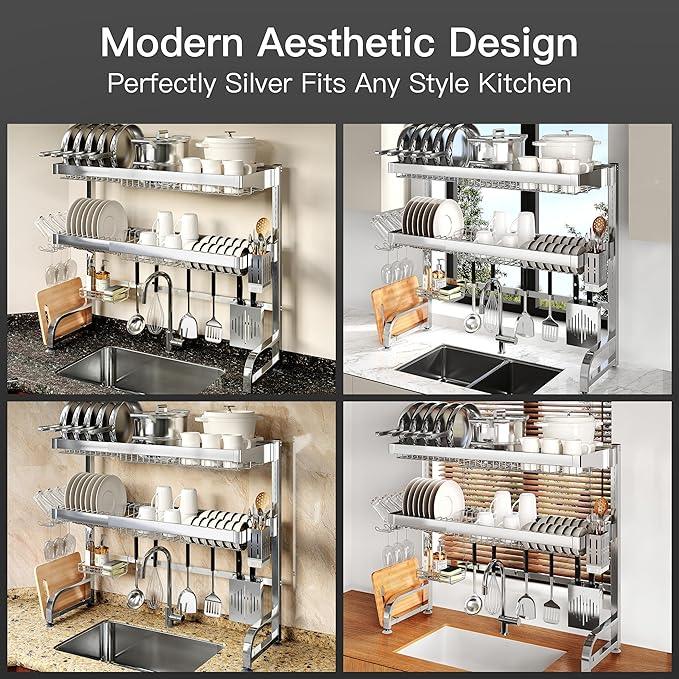 3 Tier Extra Large Stainless Steel Expandable Over The Sink Dish Drainer Drying Rack, Rust Proof Metal, Space Saving, Modern Silver Big Capacity Extendable Plate Strainers Above Kitchen Counter