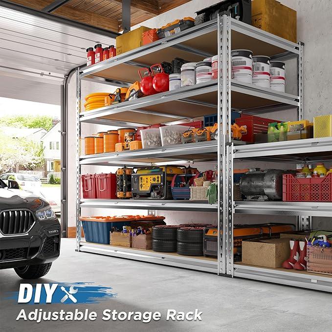 REIBII Garage Shelving, 5 Tier Storage Shelves Load 3020LBS, Adjustable Garage Shelving Heavy Duty, Metal Shelves Unit for Basement, Warehouse, 48