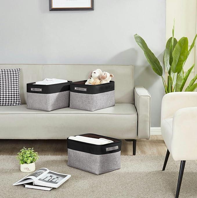 DECOMOMO Storage Baskets for Shelves - Fabric Closet Organizers and Storage Bins, Perfect Baskets for Organizing Closet Toys Nursery (Grey and Black, Large - 3 Pack)
