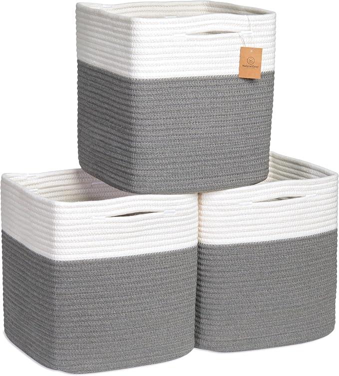 NaturalCozy Storage Cubes 11 Inch Cotton Rope Woven Baskets for Organizing, 3-Pack | Cube Storage Bin | Square Storage Baskets for Shelves Organizer, Classroom, Kids Toy Bins, Closet, Baby Nursery