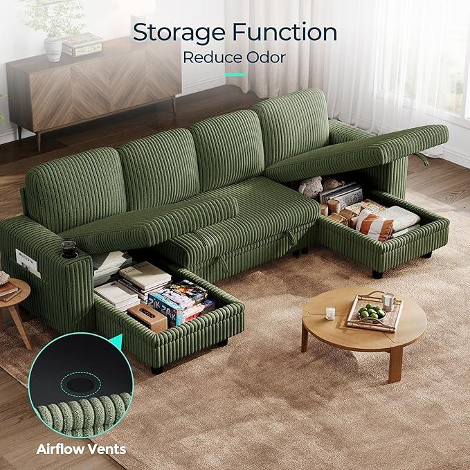 LINSY HOME Sectional Sleeper Sofa with Pull Out Couch Bed - Convertible Plush Corduroy Cloud Couch with Storage Chaise & USB Charging, Comfy U Shaped Modular Couches for Living Room, Green