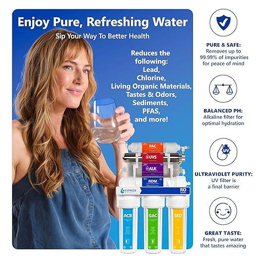 Express Water Reverse Osmosis Alkaline Ultraviolet Water Filtration System – 100 GPD (Deluxe Chrome Faucet)