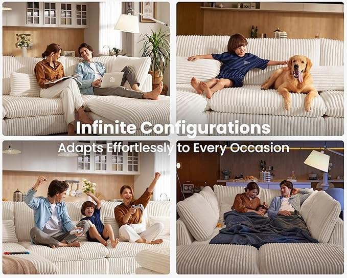 Oversized Modular Sofa, Extra Deep Cloud Corduroy Sectional Couch with Ottoman Chaise, Fluffy Chenille Loveseat L Sofa for Living Room, Villa (Loveseat+Ottoman, Corduroy White)