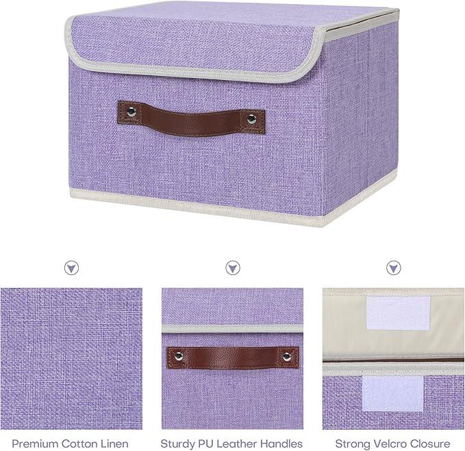 ANMINY 4PCS Storage Bins with Lid PU Leather Handles Storage Boxes PP Plastic Board Decorative Foldable Lidded Cotton Linen Fabric Home Cubes Baskets Closet Organizer Containers - Purple, Small Size