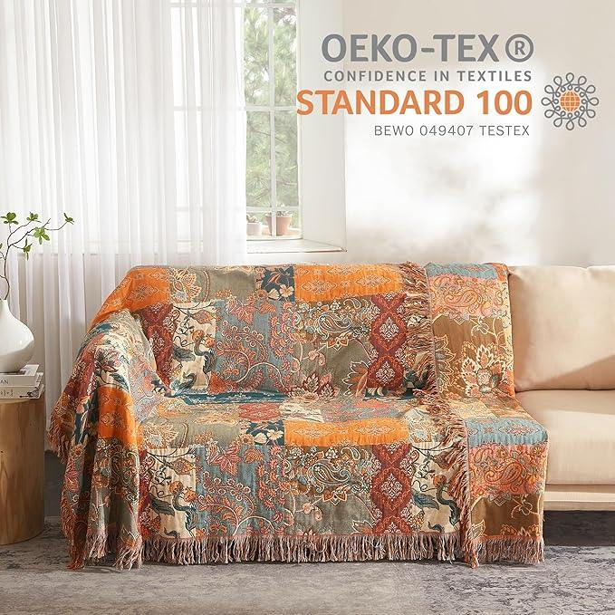 Boho Throw Blanket for Bed 90”x98”, 100% Cotton Woven Blanket for Couch Sofa, Ultra Soft 4-Layer Muslin Quilt with Patchwork Floral Printed, Farmhouse Bed Blanket/Cover for Living Room Decor