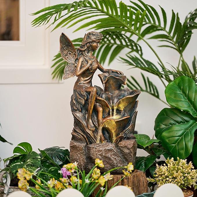 TERESA'S COLLECTIONS Water Fountain Outdoor Fairy Garden Statues with LED Lights and Pump, Large Floor Waterfall Backyard Water Fountains Porch Living Room Home Decor, Housewarming Gifts for Mom 19.3