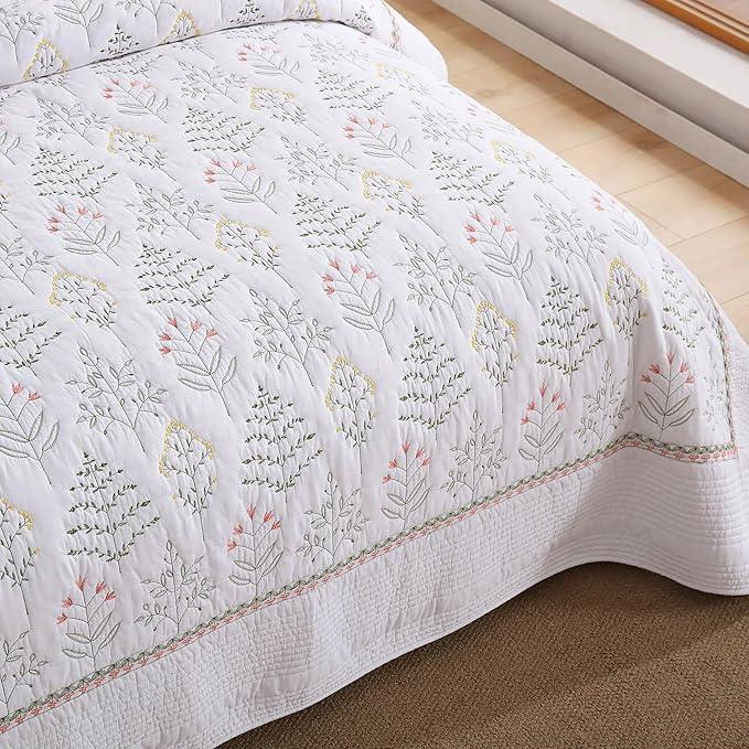 MarCielo 3-Piece 100% Cotton Oversized Bedspread Lightweight Quilt Coverlet Embroidery Farmhouse Bedding Set(TL Floral White,Oversized King (118