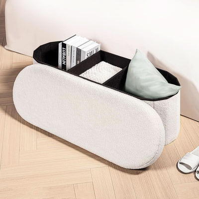 Sherpa Lined Folding Storage Ottoman 43.3 Inch White