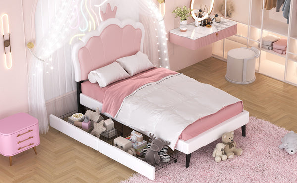 Twin cushion princess bed with crown headboard and 2 drawers with headboard and footrest, pink+white