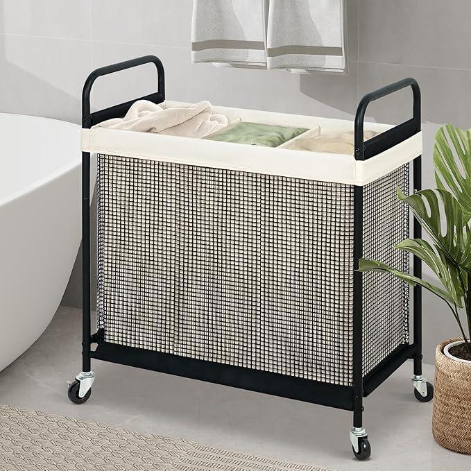 STO STO Laundry Hamper 3 Section, 120L Rolling Laundry Sorter Cart with Removable and Washable Liner Bag, Rolling Clothes Hamper with Metal Handle for Laundry Room and Bedroom