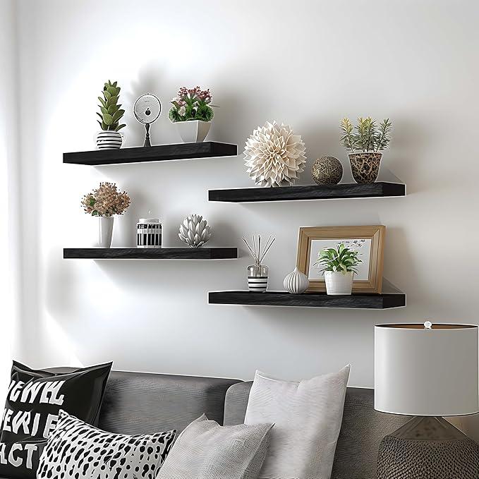 Black Wood Floating Shelves for Wall Rustic Wall Shelves for Bedroom Set of 6