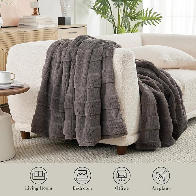 Amélie Home Luxury Striped Faux Fur Throw Blanket for Couch, Embossed Split Fur Cozy Fuzzy Fluffy Luxurious Soft Plush Sofa Chair Bed Gift Blankets for Women Men Wife Friend, 60