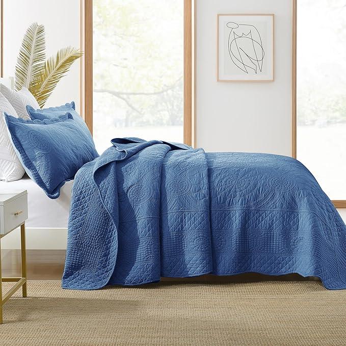 MarCielo 3-Piece 100% Cotton Oversized Bedspread Lightweight Quilt Coverlet Embroidery Farmhouse Bedding Set (Tf Midtone Blue, Oversized King (118