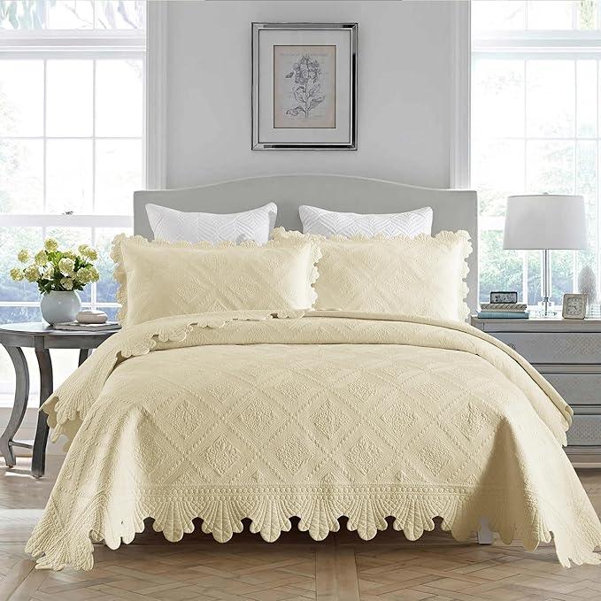 MarCielo 3-Piece 100% Cotton Oversized Bedspread Lightweight Quilt Coverlet Embroidery Farmhouse Bedding Set (Tk Beige Khaki, Oversized Queen (100