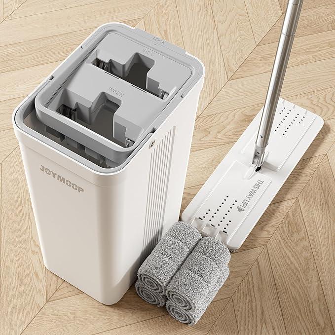 JOYMOOP Mop and Bucket Set with Wringer, Flat Mops for Floor Cleaning, Wall Mop Cleaner with Long Handle, Hardwood Floor Mop with 4 Microfiber Pads