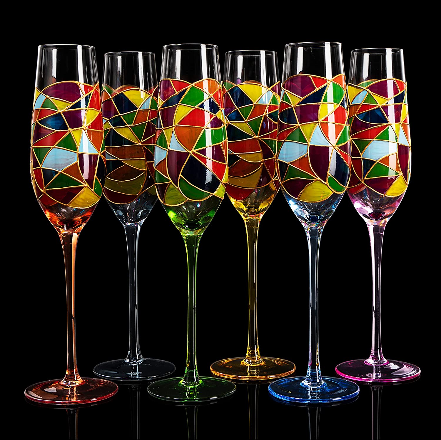 Stained Glass Champagne Flutes Set of 6 Hand Painted - Wine Savant - Hand Blown 7 Ounce Colorful Renaissance Champagne Glasses - 10.2