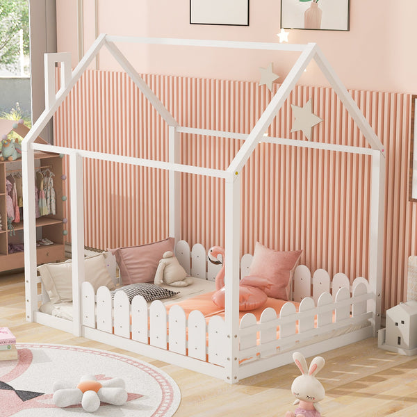 (Slats are not included) Full Size Wood Bed House Bed Frame with Fence for Kids Teens Girls Boys (White ) - Gifts for You 'n Me