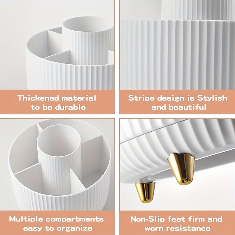 360° Rotating Makeup Organizer - 1pc Plastic Cosmetic Storage with 5 Compartments - Multi-Functional Holder for Brushes, Lipsticks, Skin Care Products, and Stationery - Durable Unscented Desk Caddy with Luxury Stripe Design DSers Fulfillment