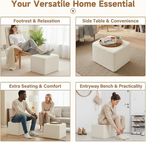 Cream Square Luxurious Upholstered Foam Pouf Ottoman