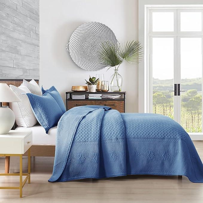 MarCielo 3-Piece 100% Cotton Oversized Bedspread Lightweight Quilt Coverlet Embroidery Farmhouse Bedding Set (TM Midtone Blue, Oversized King (118