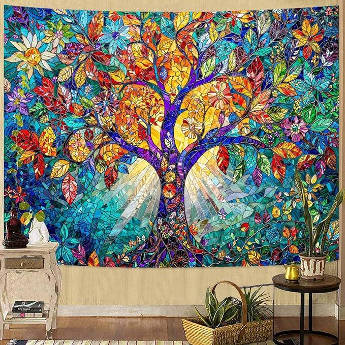 Lunerfex Tree of Life Tapestry Stained Glass Tapestry Wall Decor Tapestries for Bedroom Art Tapestries Wall Hanging for Bedroom Living Room Glass-Tree-02 60