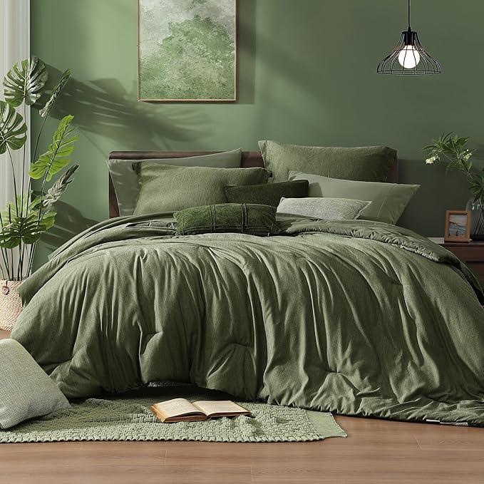 Monbix King Size Comforter Set, Olive Green King Bed Set Reversible, King Size Comforter Set 7 Pieces, Cationic Dyeing Bed in a Bag with Comforter, Sheets, Pillowcases & Shams