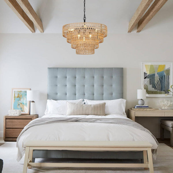 6-Light Dining Room Light Fixture, Wicker Pendant Lighting with 4-Tier Woven Lampshade, Large Farmhouse Chandeliers (20
