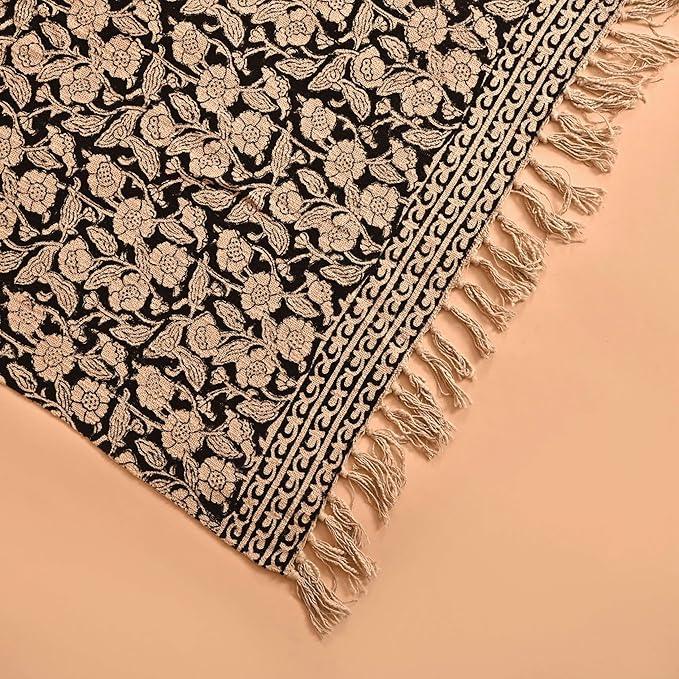 Handmade Cotton Throw Blanket 55x80 Inches | Black & Beige Floral Block Print Decorative Sofa Throw with Tassels | Large Lightweight Cotton Bedspread for Living Room, Couch, or Bedroom