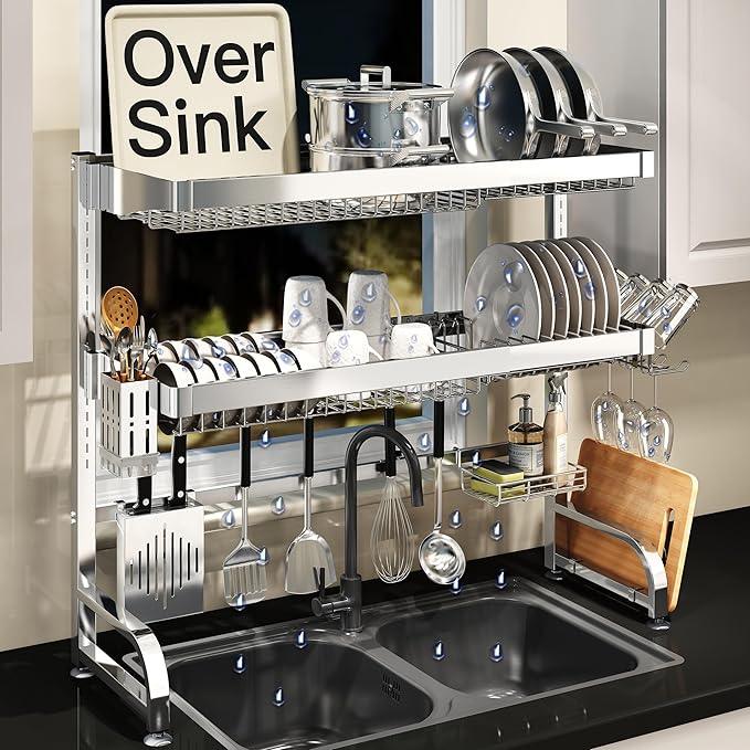 3 Tier Extra Large Stainless Steel Expandable Over The Sink Dish Drainer Drying Rack, Rust Proof Metal, Space Saving, Modern Silver Big Capacity Extendable Plate Strainers Above Kitchen Counter