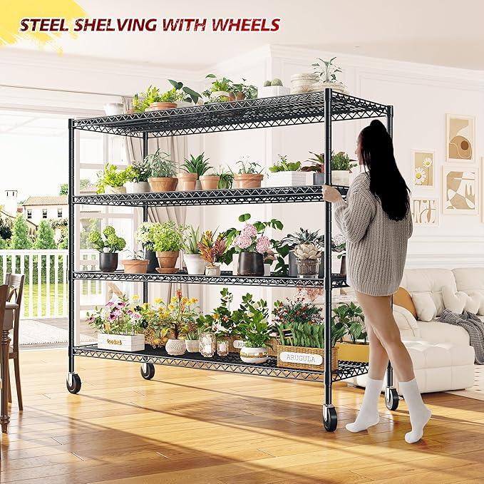 REIBII 55.5''W Storage Shelves 2500LBS Wire Shelving Rack with Wheels 75.6