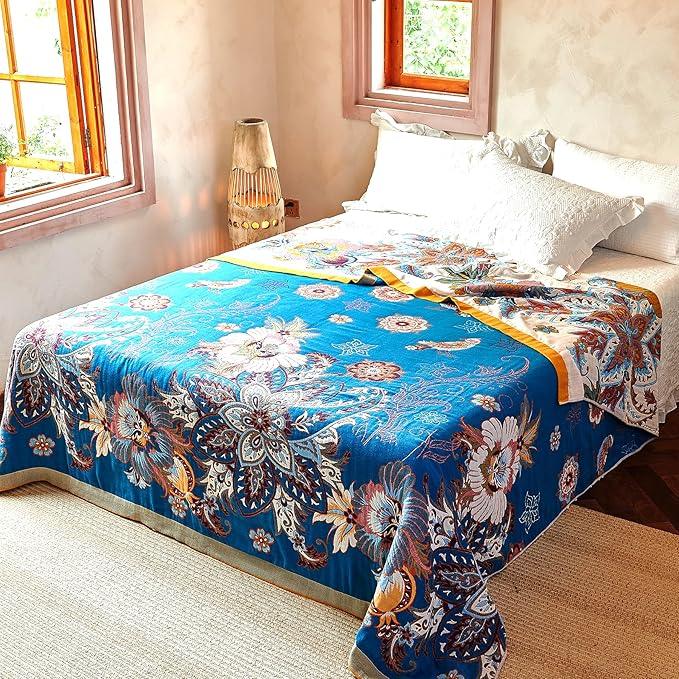 Boho Throw Blanket, 100% Organic Cotton Breathable Ultra Soft Bed Quilt Throw - All Season Floral Bird Butterfly Farmhouse Decor Blanket for Sofa Couch Chair and Gift. 50