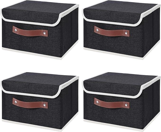 ANMINY 4PCS Storage Bins with Lid PU Leather Handles Storage Boxes PP Plastic Board Decorative Foldable Lidded Cotton Linen Fabric Home Cubes Baskets Closet Organizer Containers - Black, Small Size