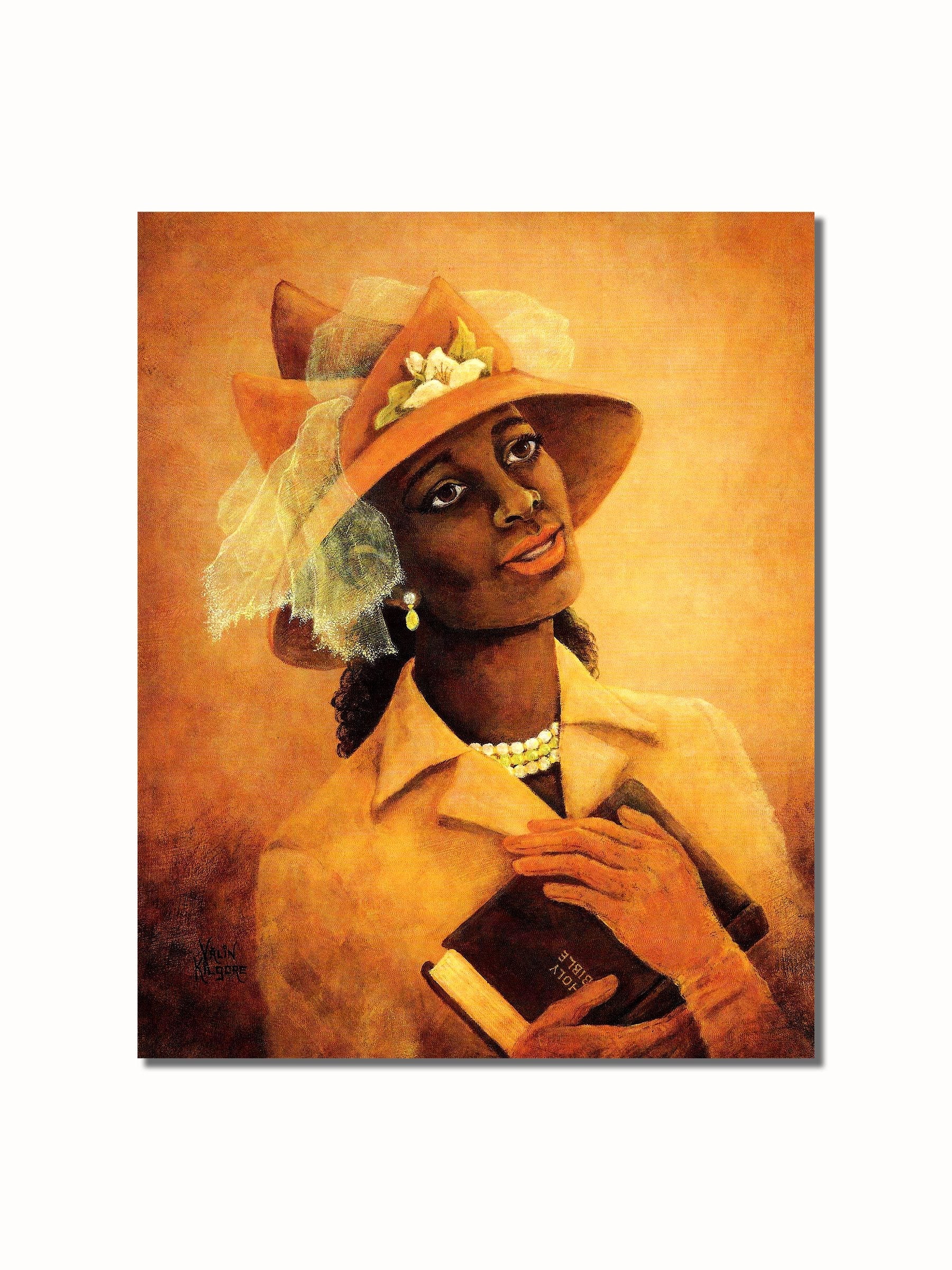 African American Art Print – Black Woman Praying with Flower Hat | 8x10 Wall Picture