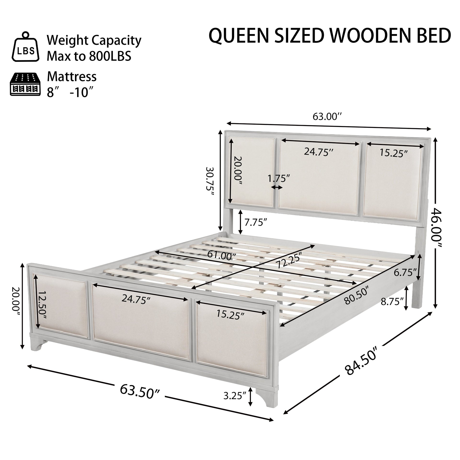 Queen Size Wooden Bed Frame with Upholstered Headboard